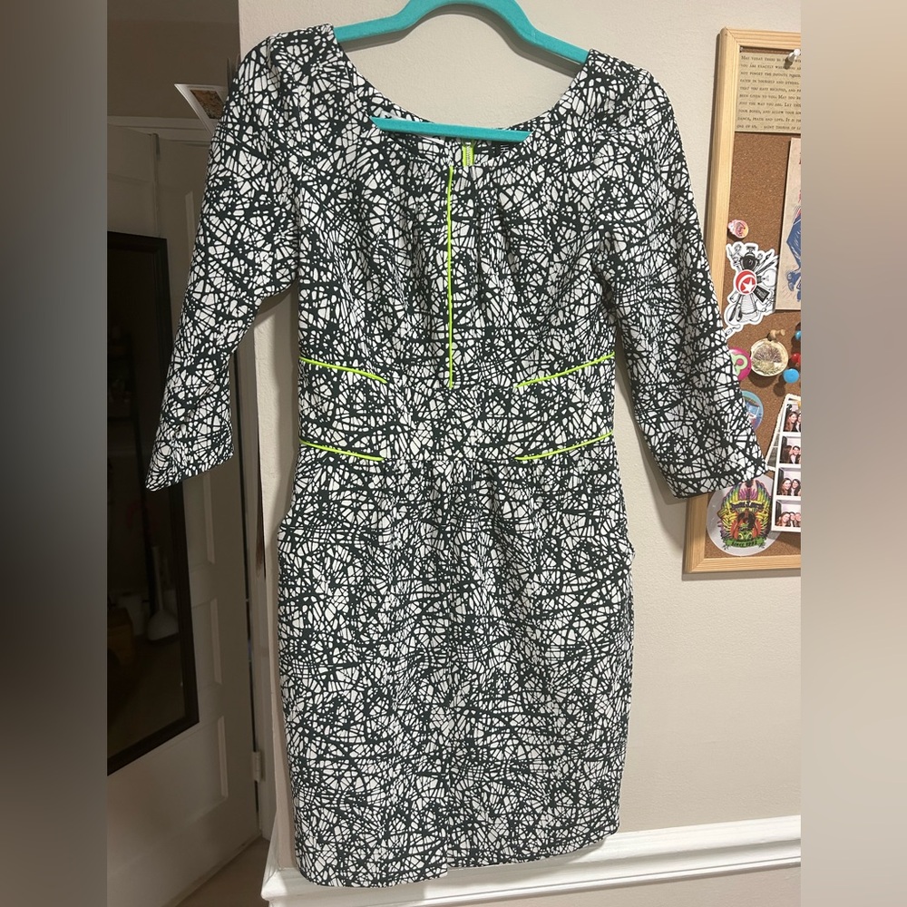 Yoana Baraschi unique abstract print forest and neon green dress with pockets